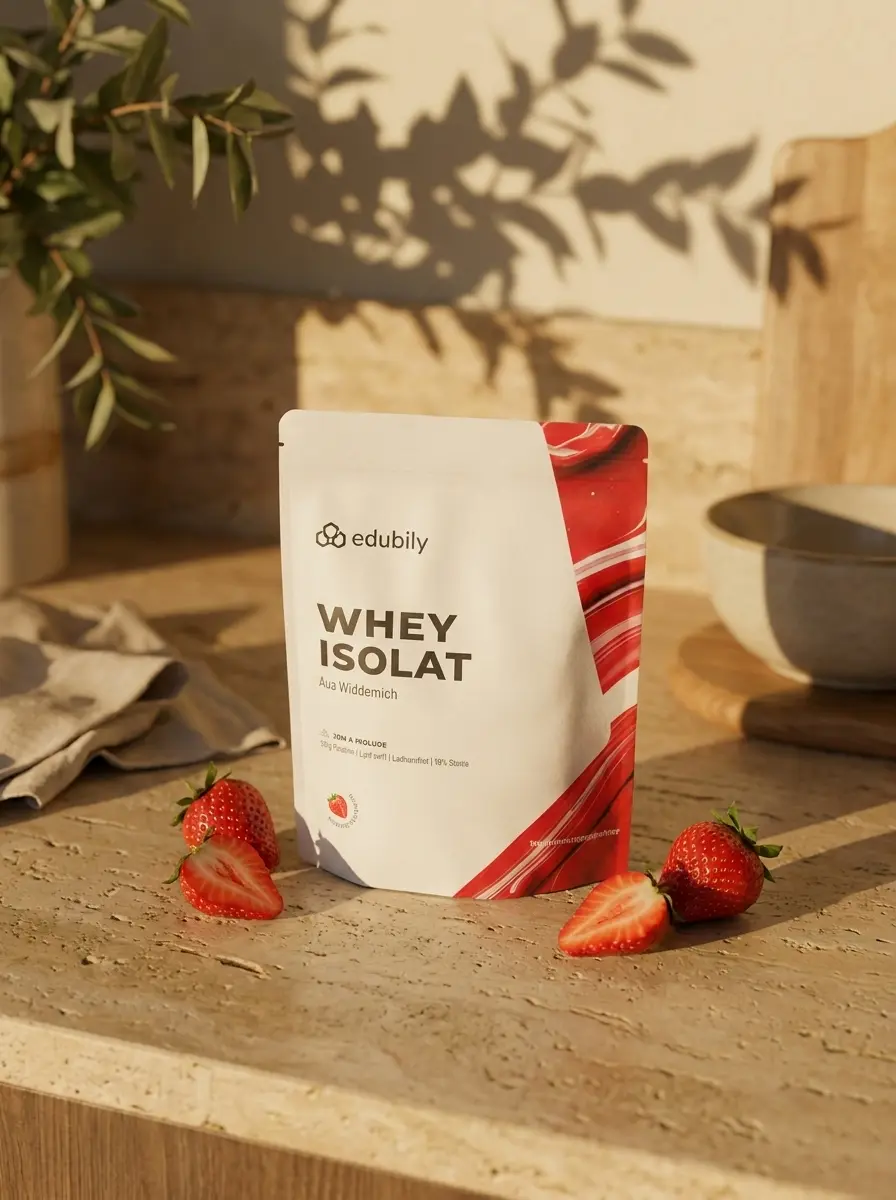 edubily Whey Isolat Beutel mit frischen Erdbeeren