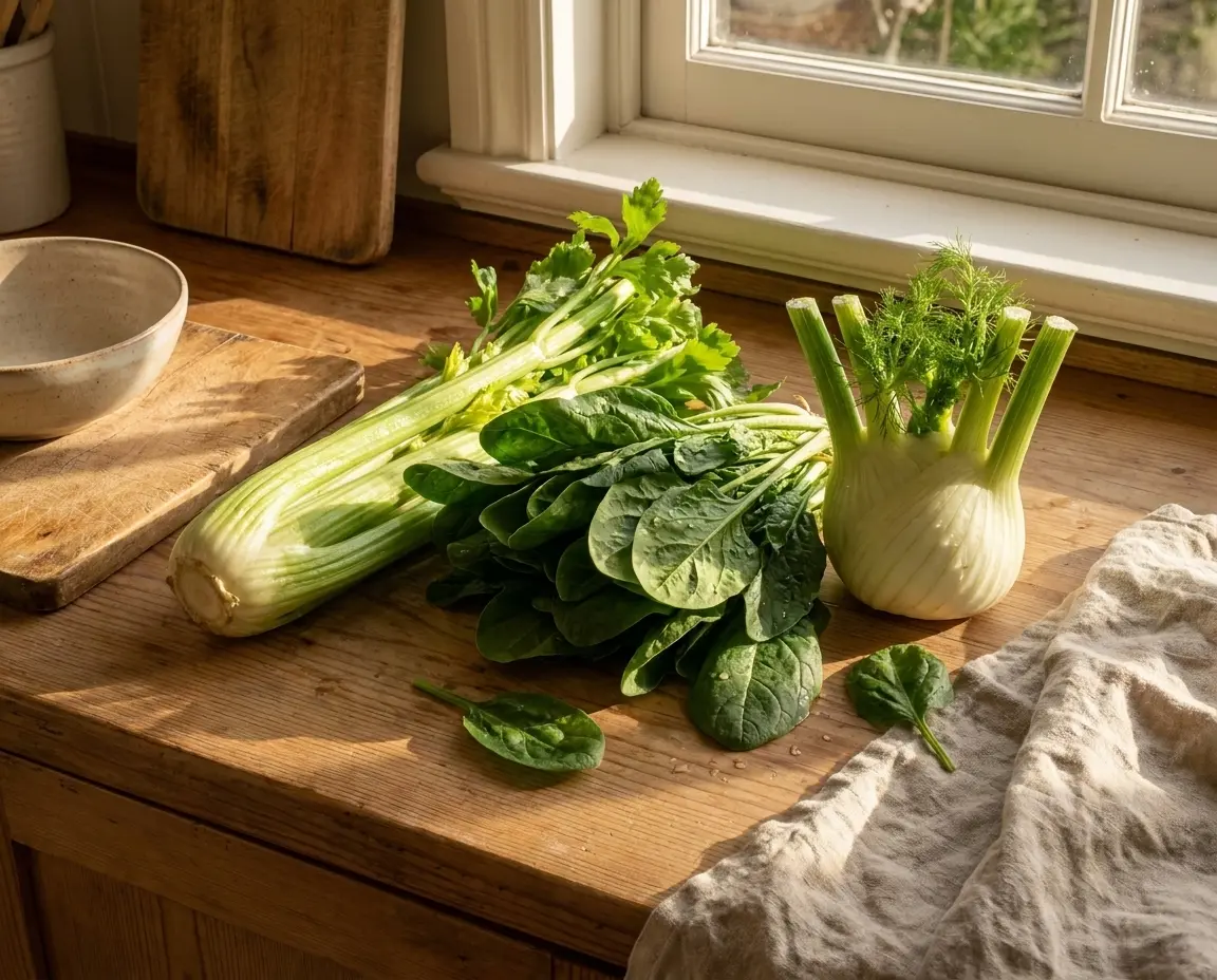 Staudensellerie, Fenchel und Spinat auf einer hölzernen Küchenarbeitsplatte