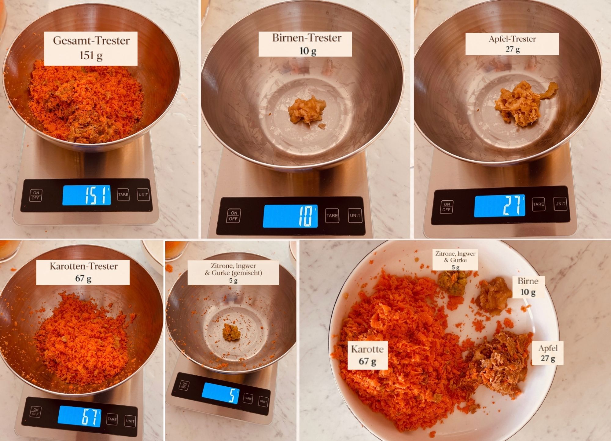 Gewogener Trester aus unserem Angel Juicer 7500 Test: gesamt 151 g, Karotte 67 g, Apfel 27 g, Birne 10 g