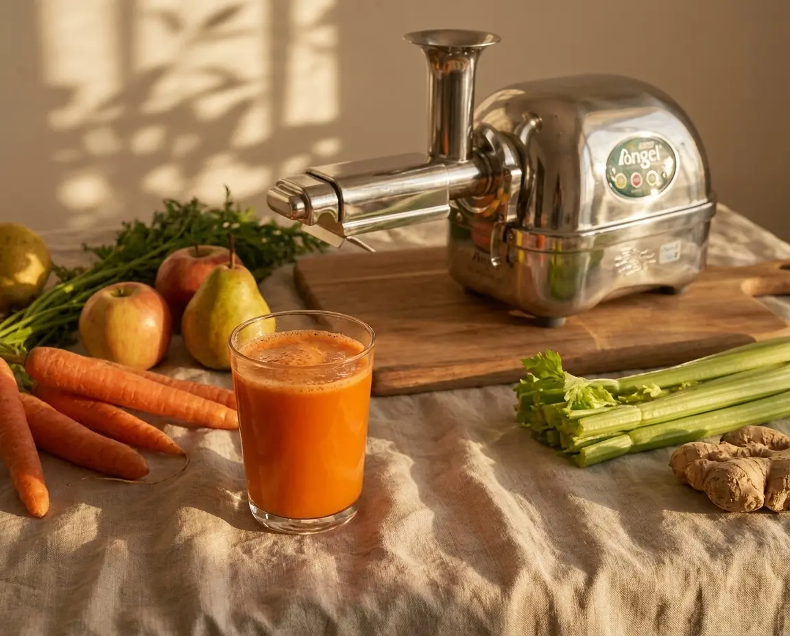 Angel Juicer 7500 mit einem Glas frischem Karottensaft, Karotten, Äpfeln, Birnen, Sellerie und Ingwer