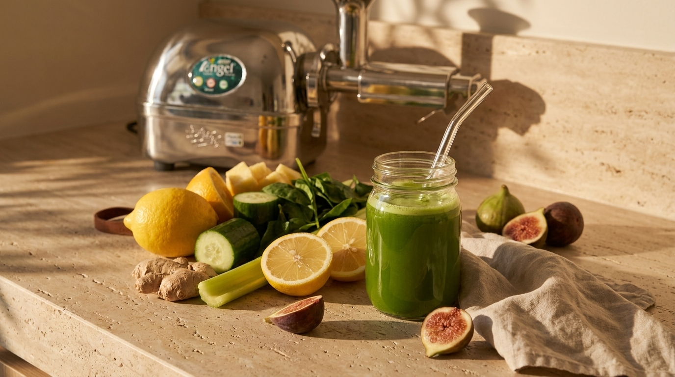 Angel Juicer 7500 aus Edelstahl mit frischem Saft, Zitronen, Gurke und Ingwer auf einer Küchenarbeitsplatte