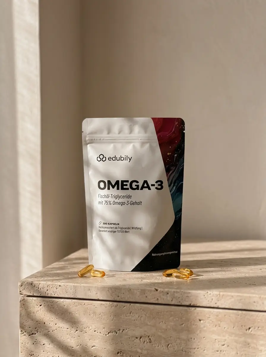 edubily Omega-3 Kapseln auf heller Steinfläche