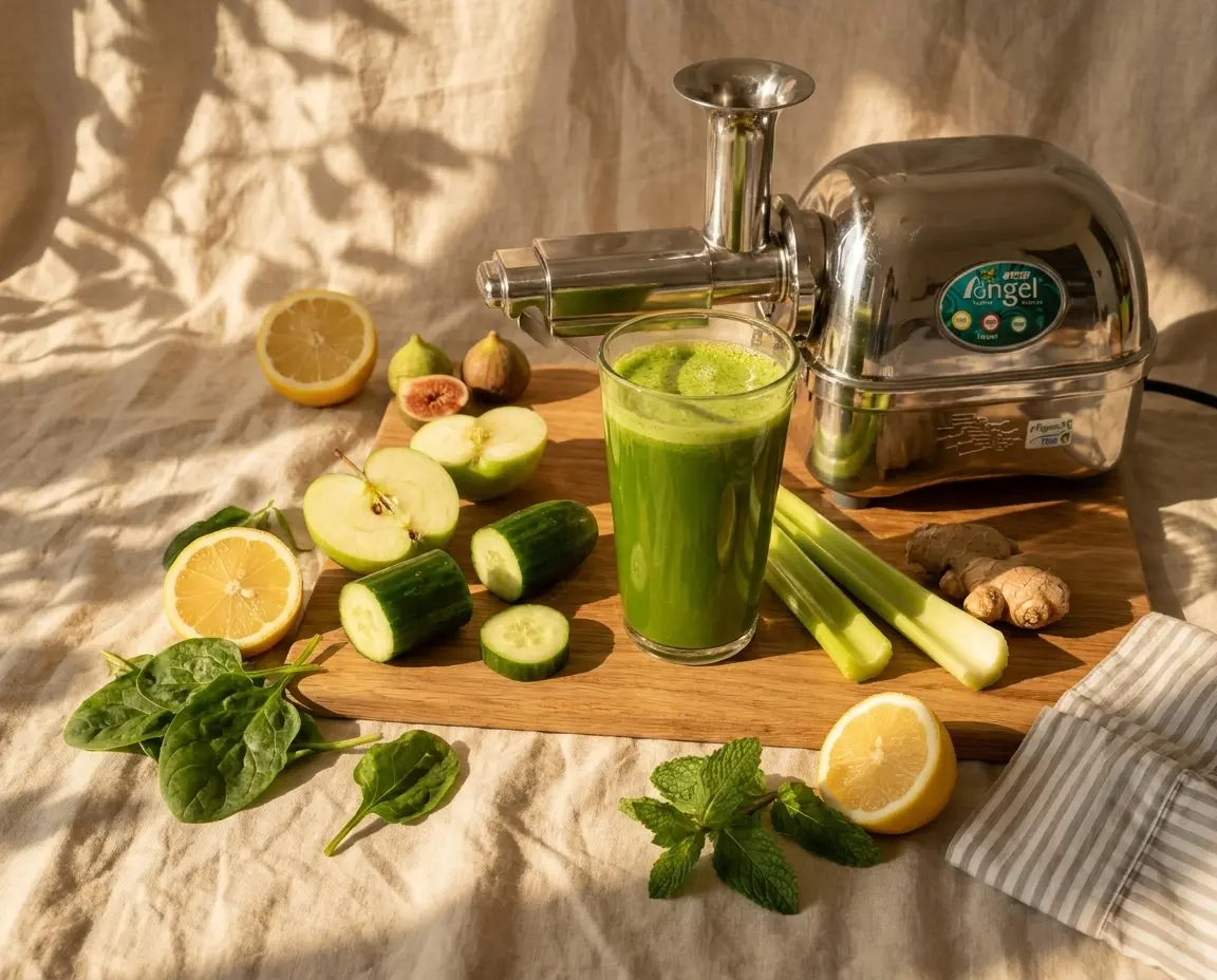 Angel Juicer 7500 mit grünem Saft, Sellerie, Gurke, Apfel, Zitrone, Spinat und Ingwer