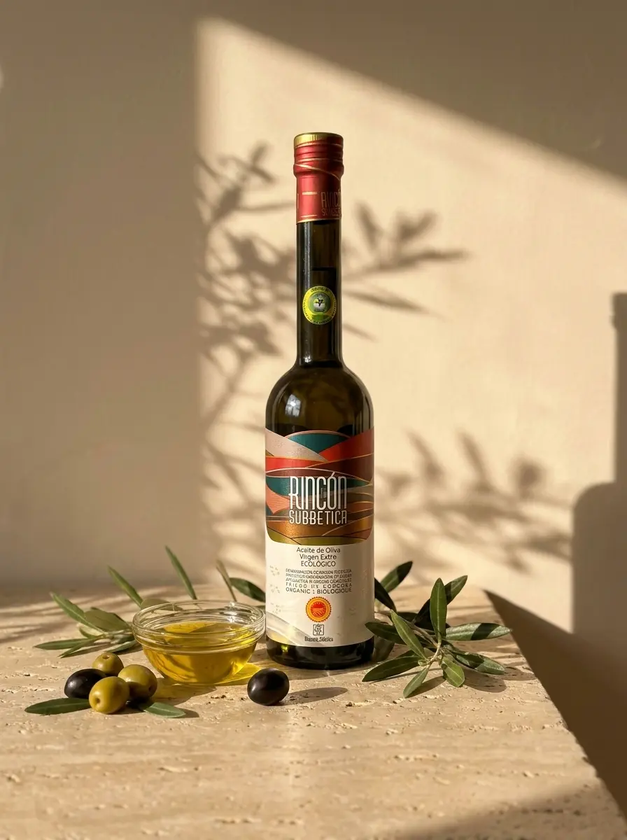 Rincón de la Subbética Olivenöl mit Oliven und Olivenzweigen