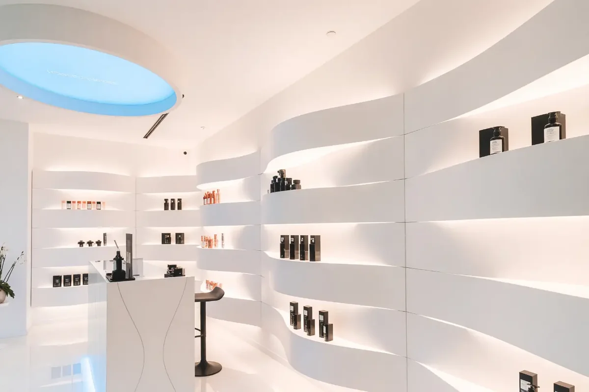 Heller Empfangs- und Produktbereich der Longevity Suite in Lugano, Schweiz