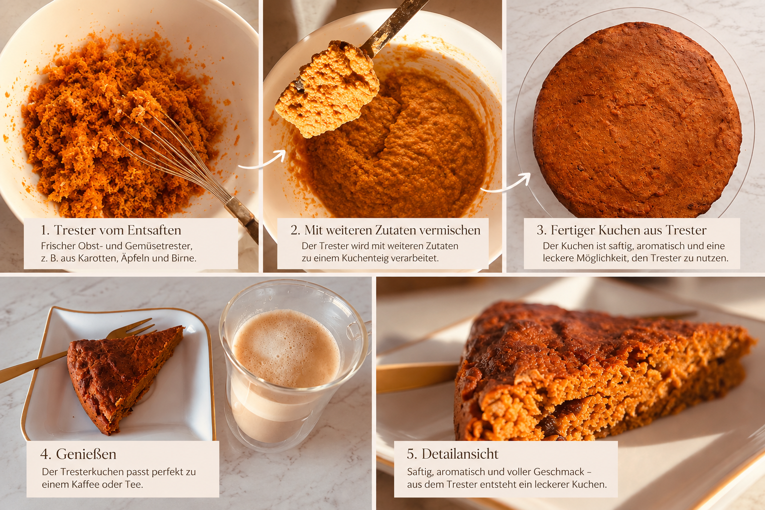 Trester aus dem Angel Juicer wird mit weiteren Zutaten zu einem Kuchen verarbeitet – vom Teig bis zum fertigen Stück