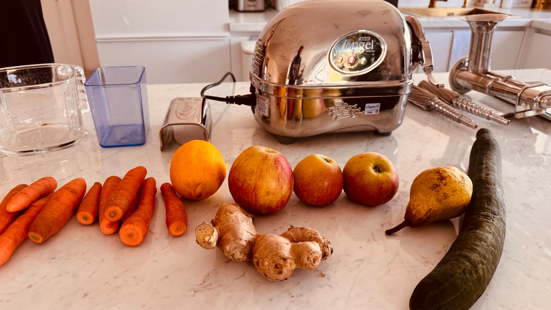 Angel Juicer 7500 mit Karotten, Äpfeln, Birne, Gurke, Zitrone und Ingwer vor dem Entsaften