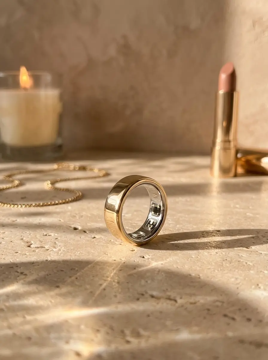 Goldfarbener Smart Ring auf einer Natursteinfläche