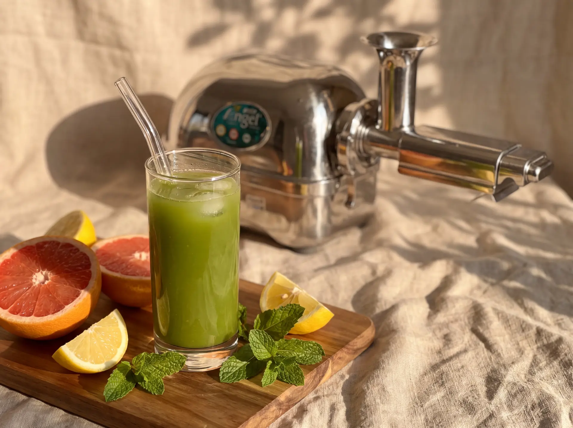 Glas mit frisch gepresstem grünen Saft vor dem Angel Juicer 7500, daneben Grapefruit, Zitrone und Minze