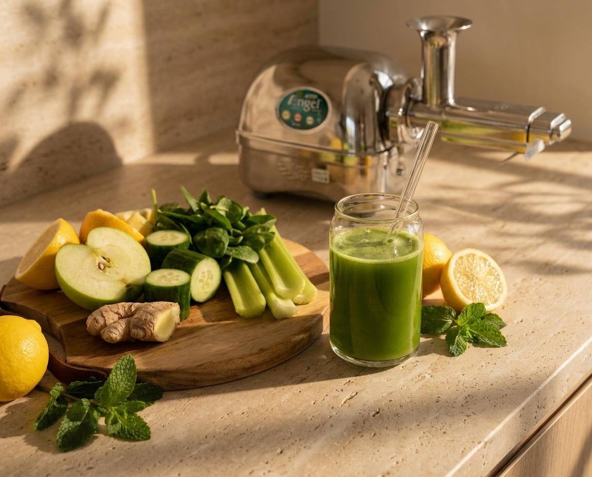 Angel Juicer 7500 in einer hellen Küche mit frischem Gemüse und grünem Saft