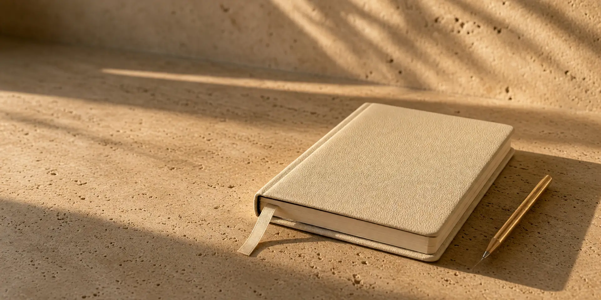 Notizbuch und goldener Stift auf warmem Naturstein im Sonnenlicht