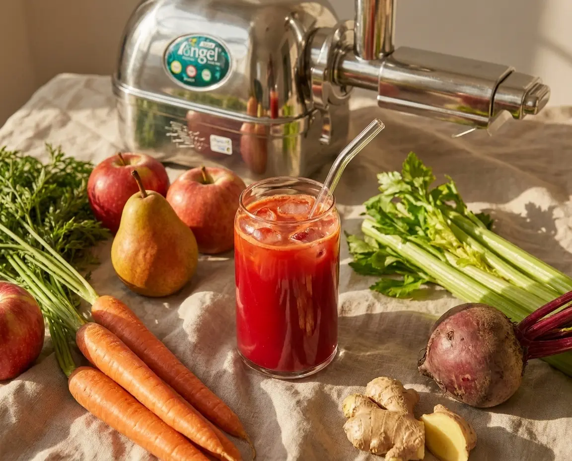 Angel Juicer 7500 mit rotem Saft aus Rote Bete, Karotten, Äpfeln, Birnen, Sellerie und Ingwer